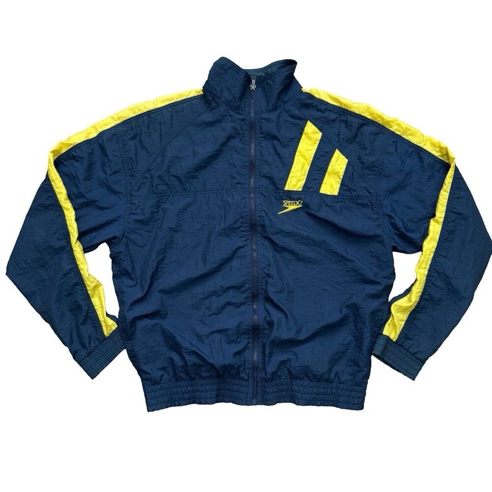 VTG 90s Speedo Windbreaker Jacket Navy Blue Yellow Full Zip Men’s Small Retro